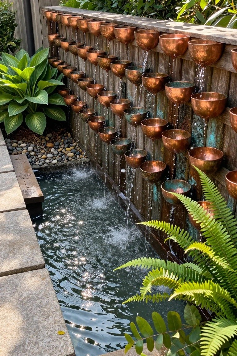 Weathered wooden fence with multiple rows of hammered copper bowls mounted on it, water cascading from the bowls into a small rectangular pond lined with pebbles and pavers, surrounded by hosta plants and ferns.