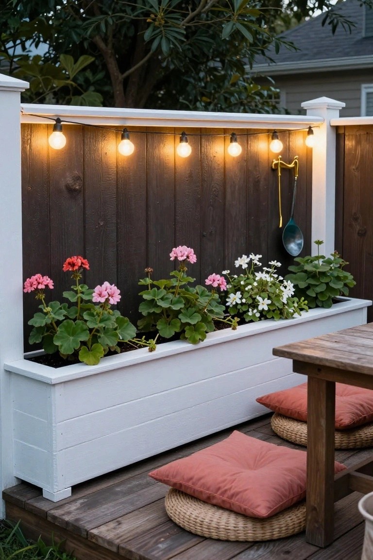 Dark wooden pallet fence with white capping and string lights along the top, a hanging green trowel, and a long white planter box filled with pink geraniums, green foliage, and white flowers, next to a wooden table with orange cushions on a deck.