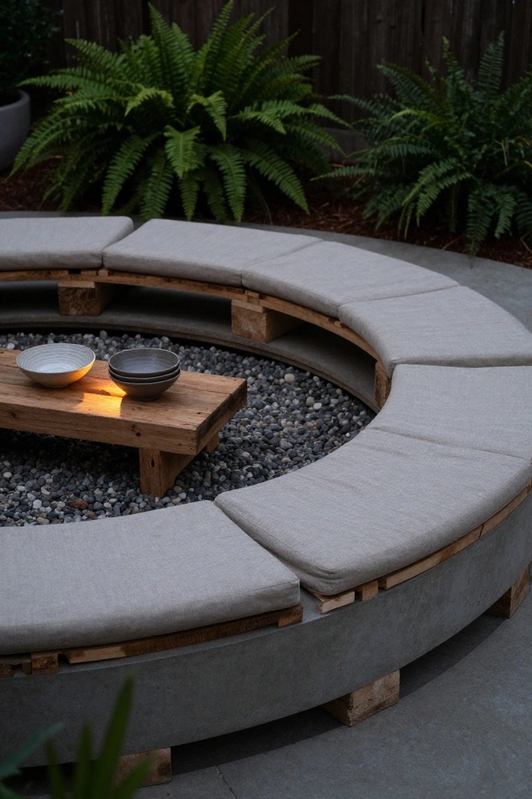 Curved concrete benches with gray cushions and exposed wooden pallet supports surrounding a central wooden table on gray pebbles in a backyard with ferns and a fence.