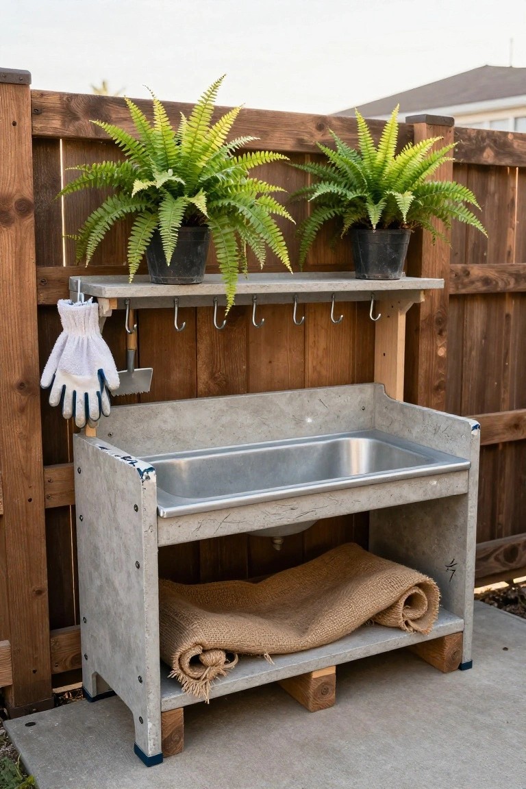 Wooden potting bench with gray metal sink, tool hooks holding white gloves and trowel, shelf with two potted ferns, burlap rug on shelf below, built against wooden fence on concrete patio
