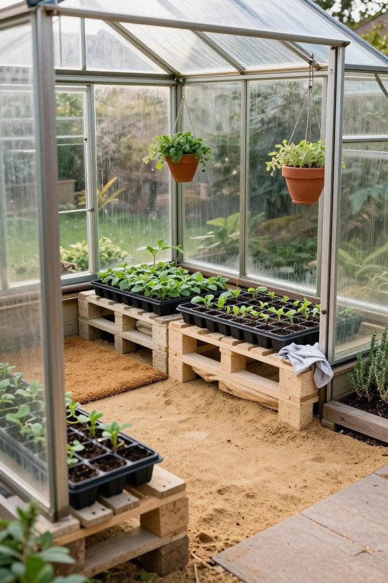 A glass backyard greenhouse containing wooden pallet shelves holding black plastic trays of green seedlings, with hanging potted plants overhead and a sand floor.