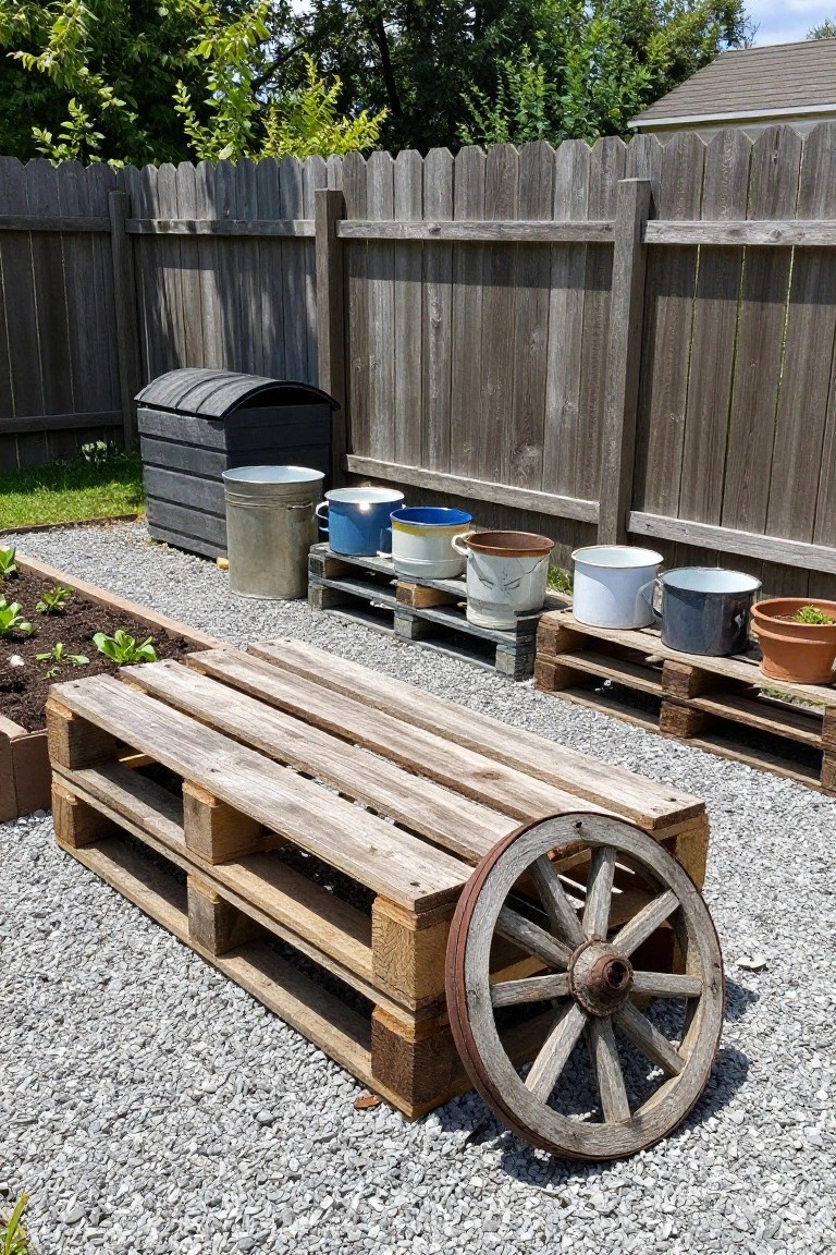 Wooden pallets stacked as shelves against a fence holding various metal buckets used as planters, with raised garden beds and gravel ground nearby.