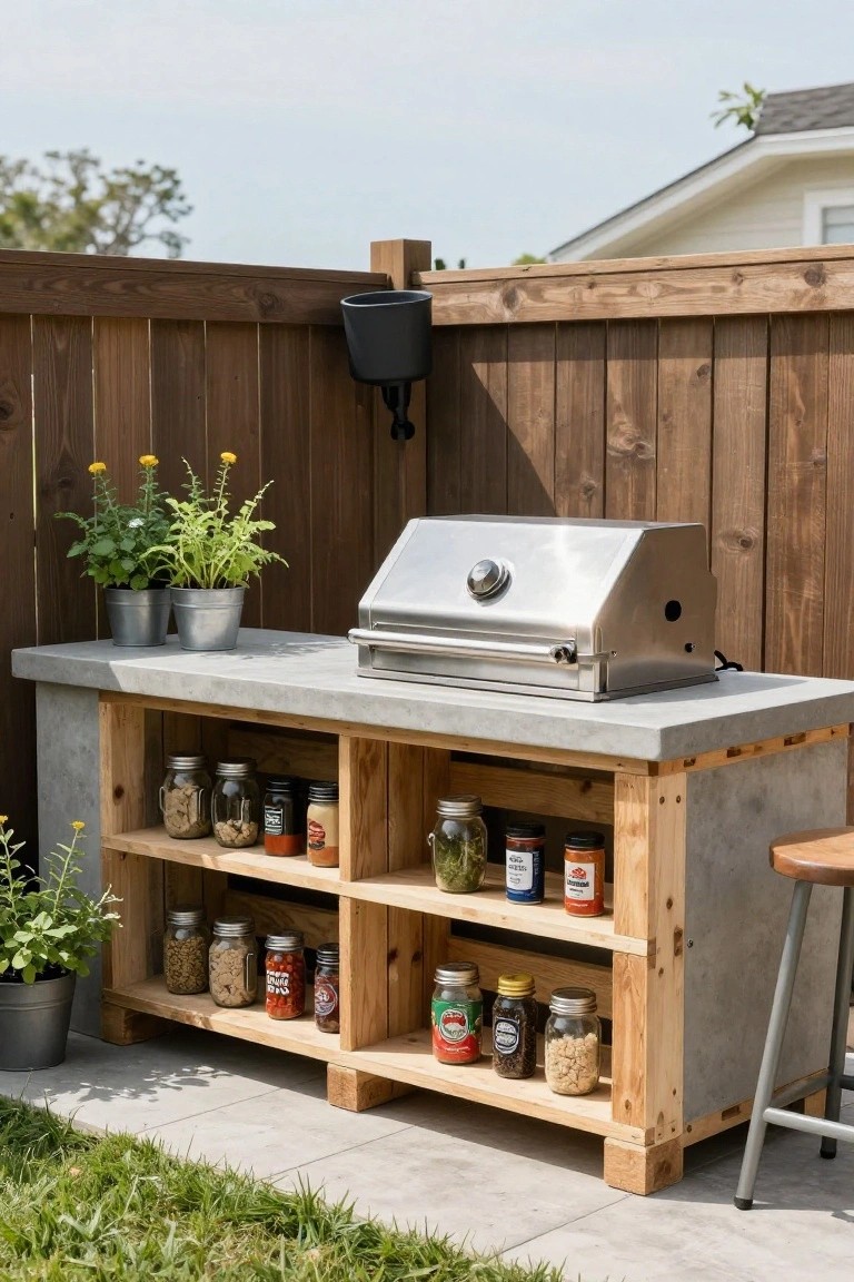 Outdoor kitchen station in a backyard with stainless steel grill on gray concrete countertop, open wooden pallet shelves stocked with jars of spices, sauces, and dry goods, potted plants, metal stool, and wooden slat fence in the background.