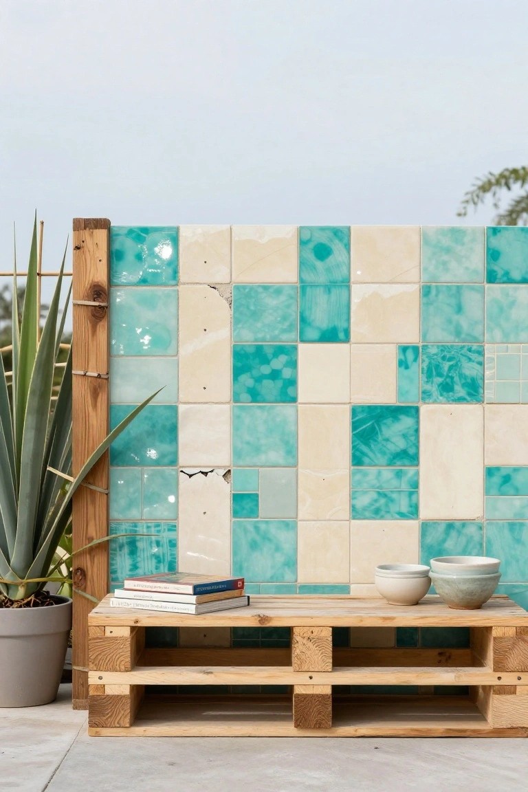 Wooden pallet coffee table with stacked books and two ceramic bowls on a concrete patio in front of a teal and white tiled wall with agave plants nearby.