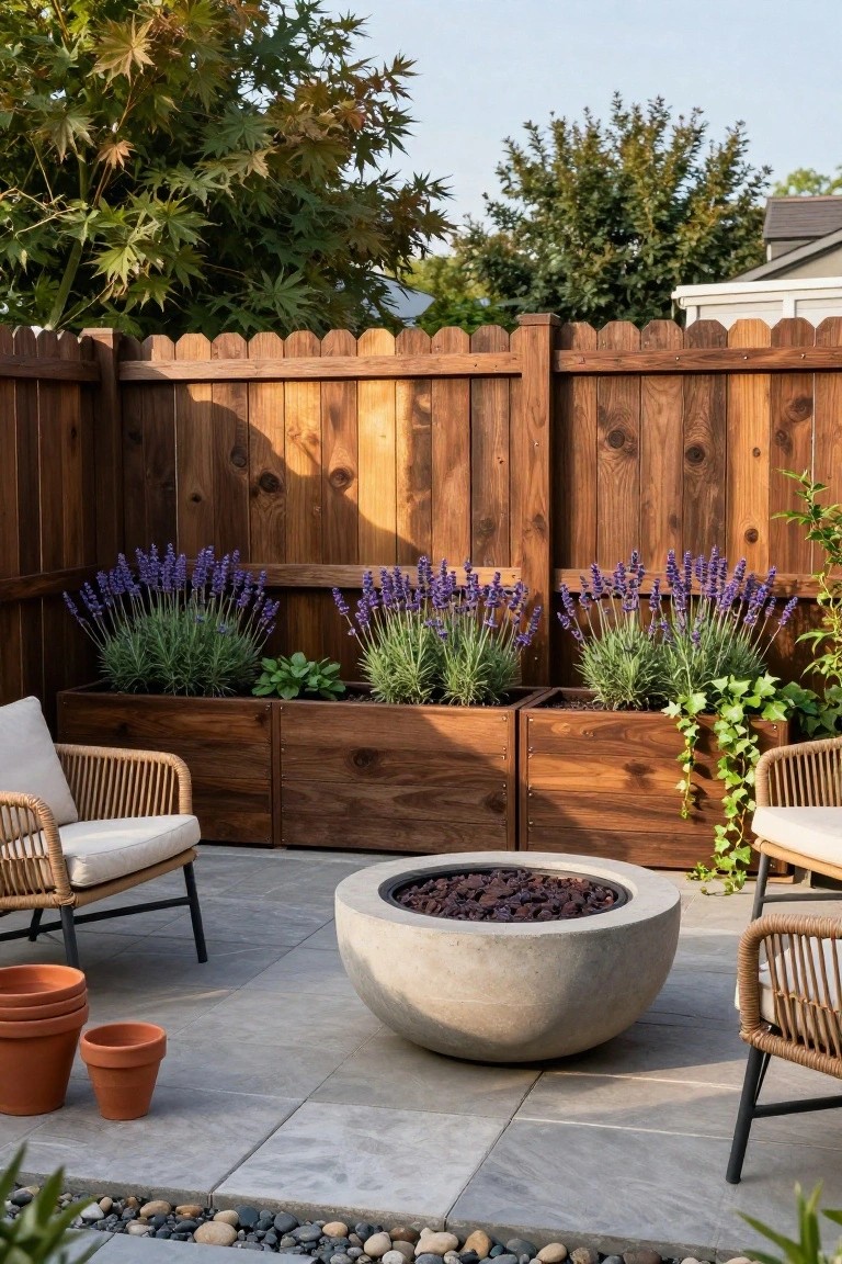 Wooden scalloped picket fence with matching wooden planter boxes filled with lavender plants, rattan lounge chairs around a concrete fire pit on gray pavers, terracotta pots and pebbles in a backyard patio.