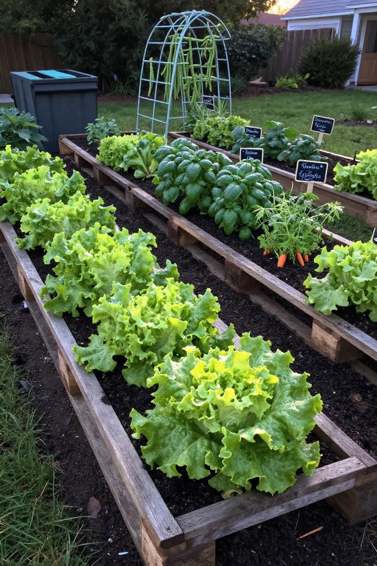 Wooden pallet raised garden beds in a backyard containing rows of lettuce, basil plants, carrots, and a metal trellis with bean vines, with small plant labels stuck in the soil.