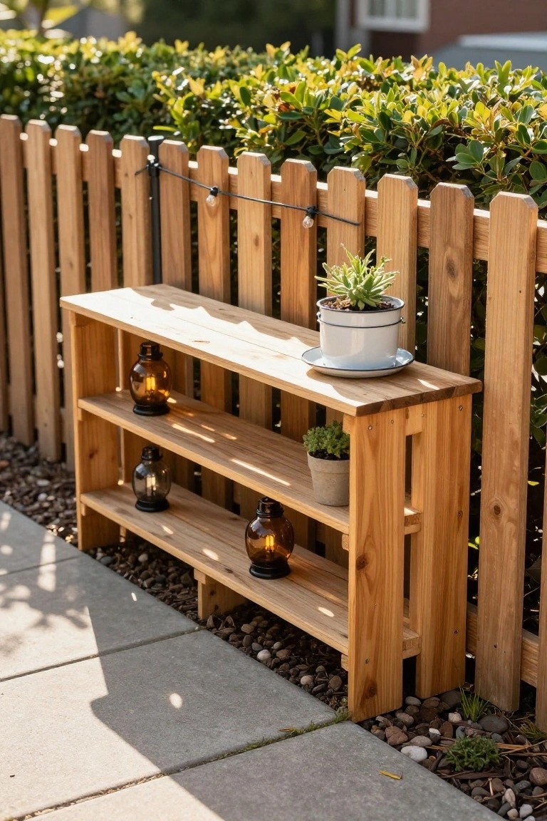 Wooden ladder shelf with three shelves against a picket fence in a backyard, displaying potted plants, white saucer, and glass lanterns on lower shelves, with string lights strung along the fence top and gravel ground nearby.