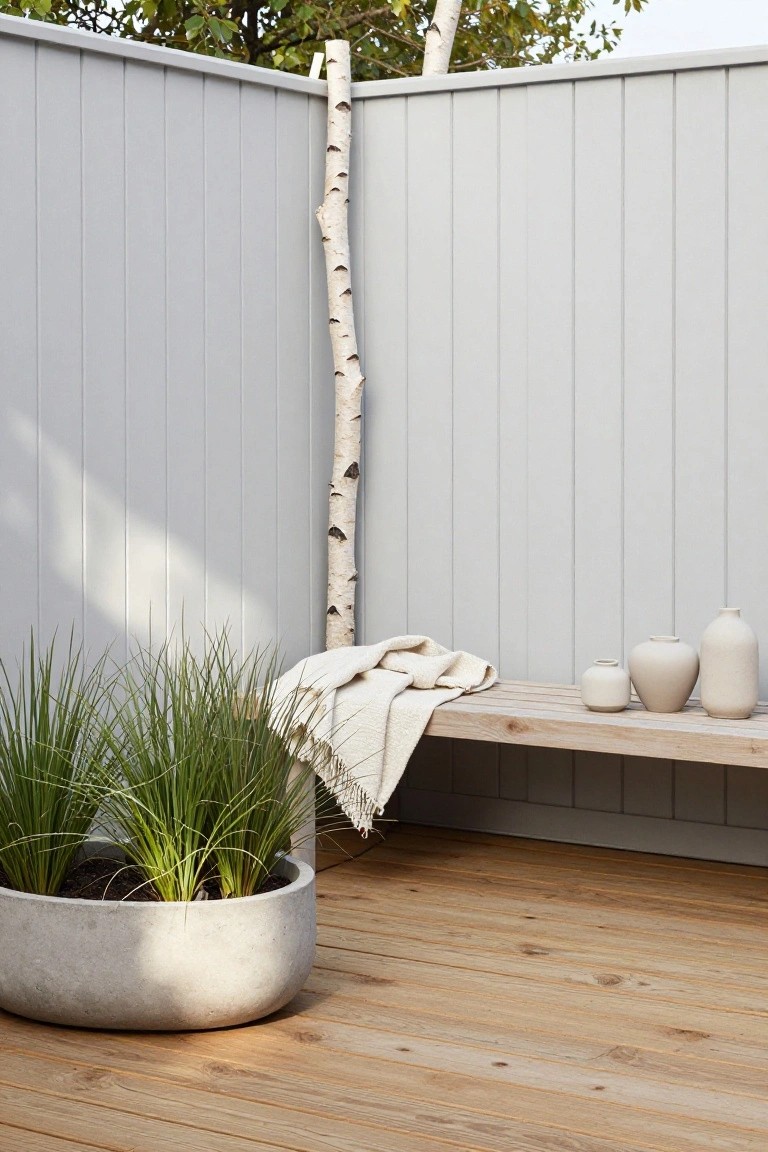 Wooden deck corner with light gray vertical board fence, birch tree trunk against fence, wooden bench holding folded white blanket and white ceramic vases, large concrete planter with tall green grasses nearby.