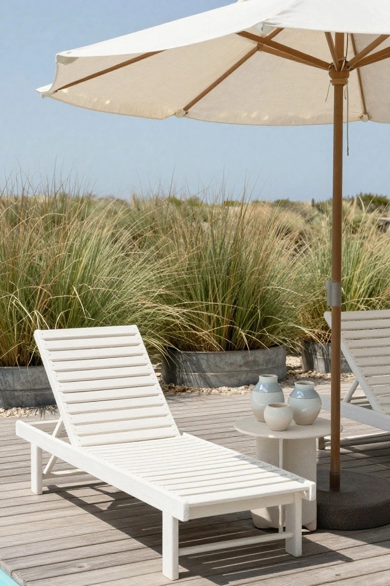 Wooden deck with two white slatted lounge chairs, a round white side table holding ceramic vases, a white umbrella, and tall grasses in metal planters along the edge, overlooking dunes and a pool.