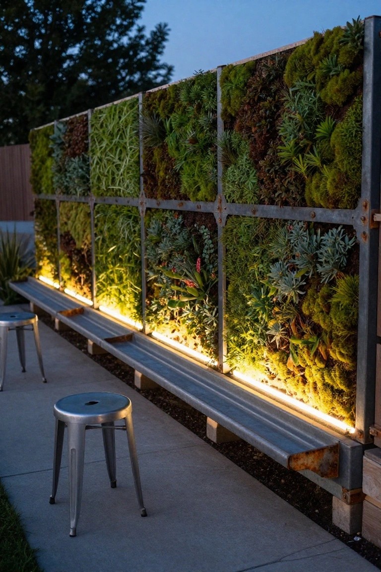 Tall metal-framed vertical garden wall filled with moss, succulents, ferns, and green plants, illuminated by LED lights at the base, with a long bench alongside and two metal stools on a concrete path in a backyard at dusk.