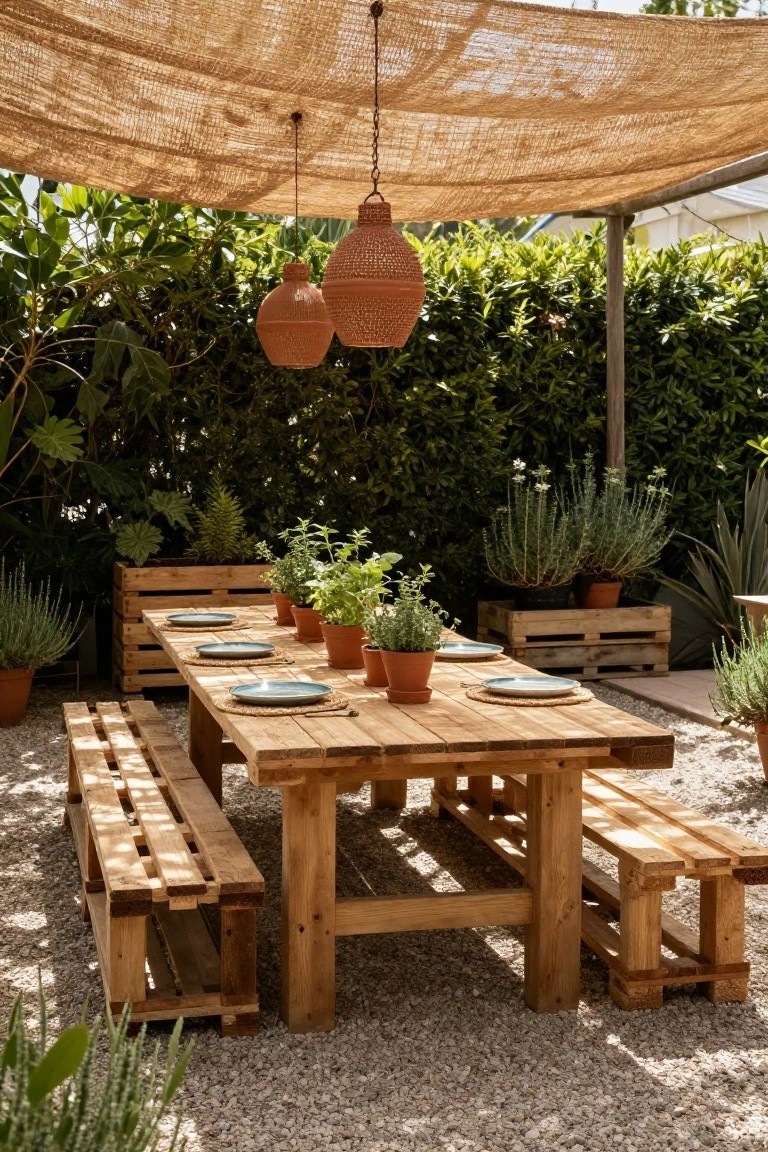 Wooden pallet table and benches on gravel ground in a backyard under beige fabric canopy with two hanging terracotta lanterns and potted plants nearby.