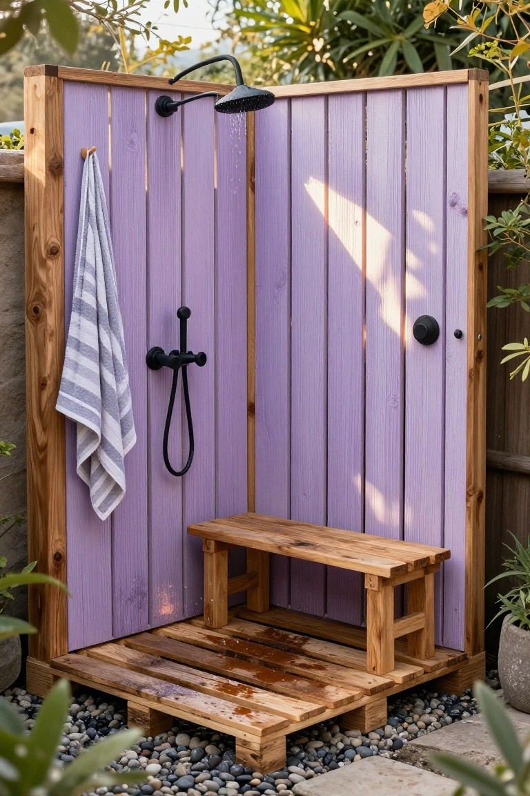 Outdoor shower enclosure made from purple-painted vertical wooden planks supported by a pallet base and frame, with black shower fixtures, a wooden bench, hanging towel, and surrounding plants on pebble ground.