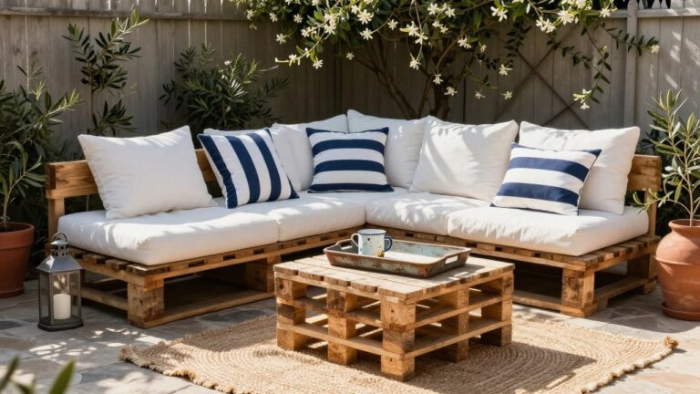 24 Smart Backyard Pallet Projects For Instant Charm Backyard corner sofa and coffee table made from wooden pallets with blue and white striped cushions, potted plants, a metal lantern, white mug on a tray, jute rug on stone pavers, olive tree, and white flowering vines on a wooden fence.