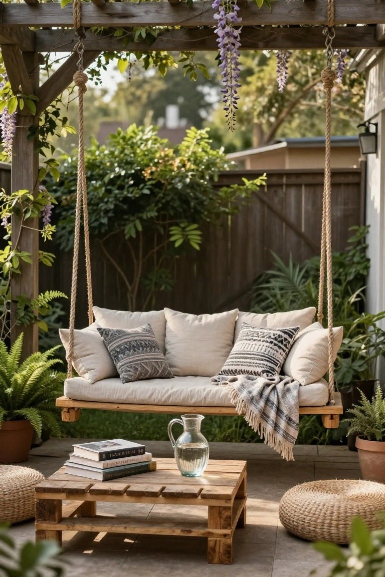 Wooden pallet swing bed suspended by ropes from a pergola draped in purple wisteria, featuring beige cushions with patterned pillows and a gray throw, beside a pallet coffee table holding books and a glass water jug, rattan poufs, and potted plants on a stone patio in a backyard.