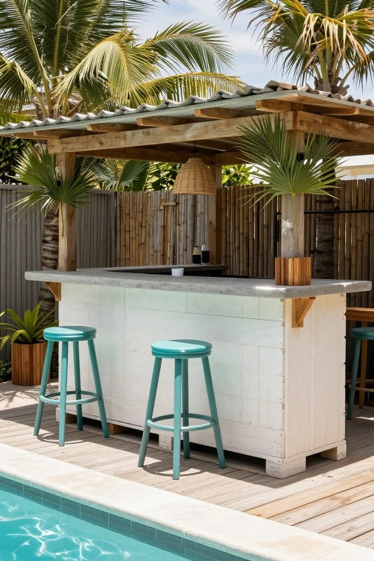 Outdoor bar with white shiplap siding, concrete countertop, and turquoise stools positioned next to a turquoise pool, under a covered shelter with tropical plants and bamboo fencing nearby.