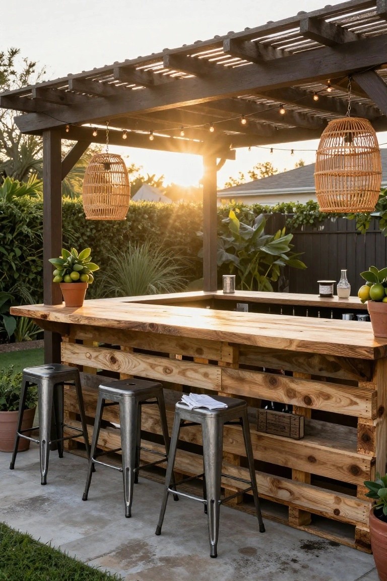 Wooden pallet bar counter with three metal stools on a concrete patio under a pergola, with potted plants, string lights, and wicker lanterns in a backyard at sunset.
