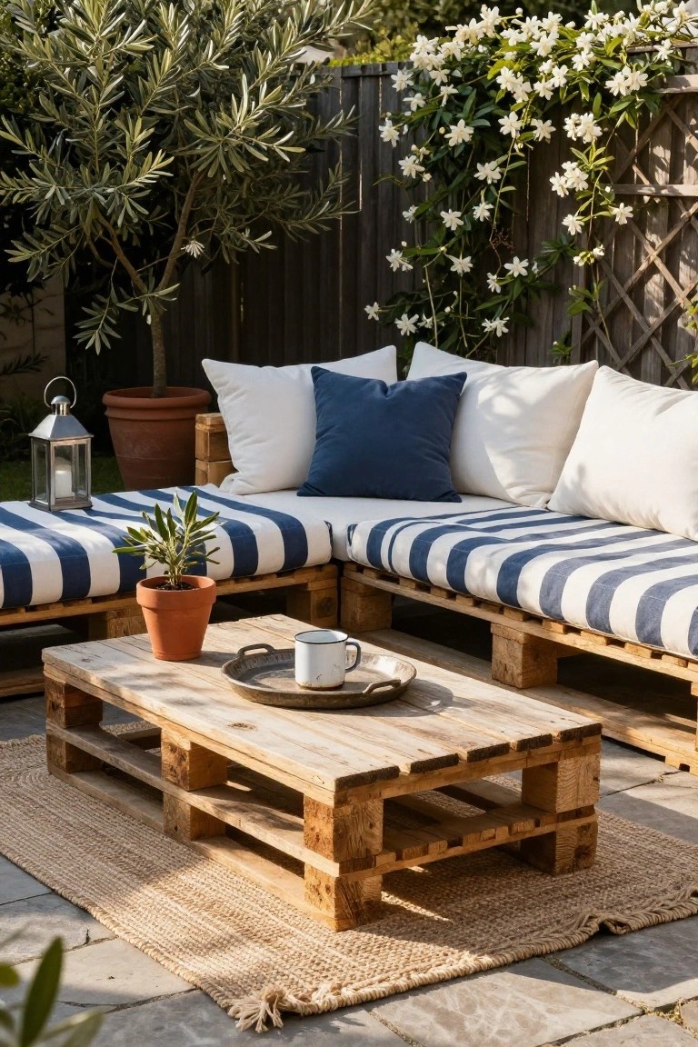 Backyard corner sofa and coffee table made from wooden pallets with blue and white striped cushions, potted plants, a metal lantern, white mug on a tray, jute rug on stone pavers, olive tree, and white flowering vines on a wooden fence.