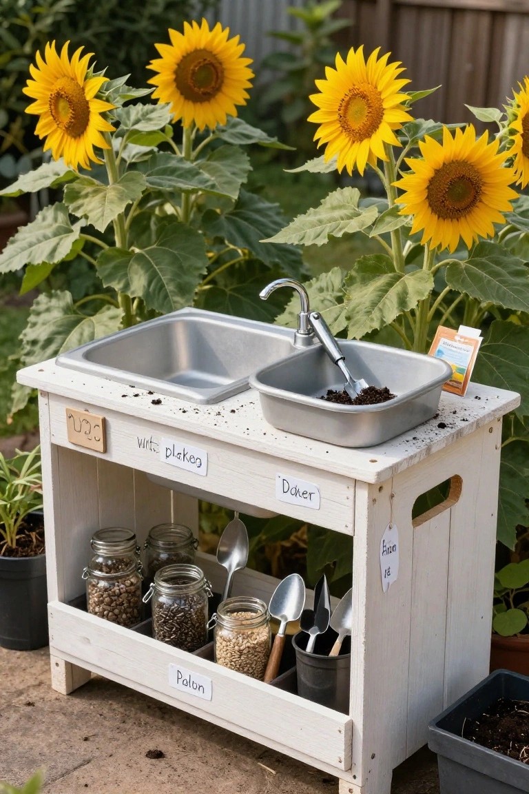 White wooden outdoor play kitchen built on a pallet base with two sinks, scoops, jars of seeds and grains, and plant pots, surrounded by sunflowers and garden plants on a patio.