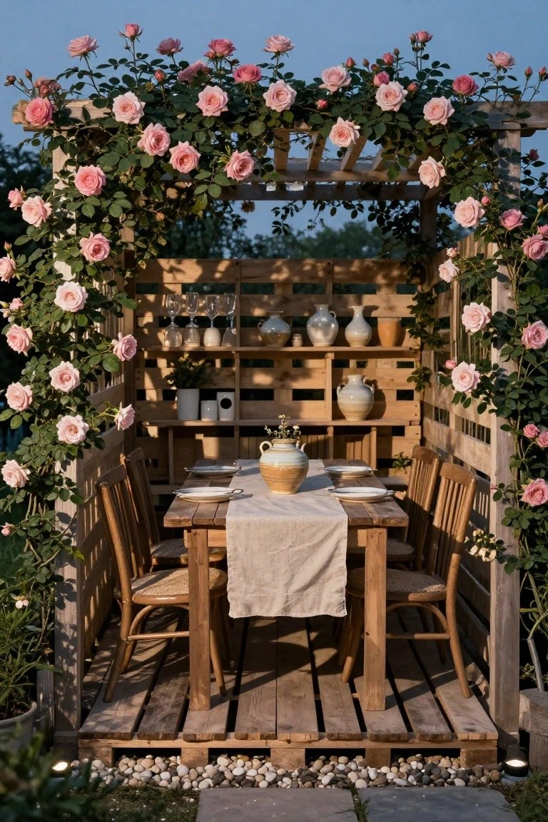Outdoor dining area inside a wooden pallet arbor structure covered in pink climbing roses, with a set wooden table, chairs, shelves holding vases and glasses, on a raised pallet platform surrounded by gravel and plants.