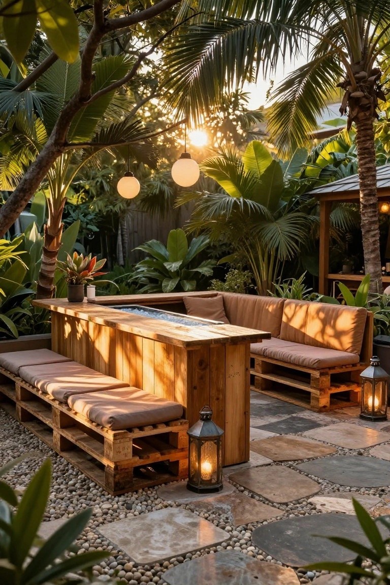 Wooden pallet bar counter with built-in bench seating and beige cushions in a tropical backyard surrounded by palms, plants, hanging lanterns, and stone pavers at sunset.