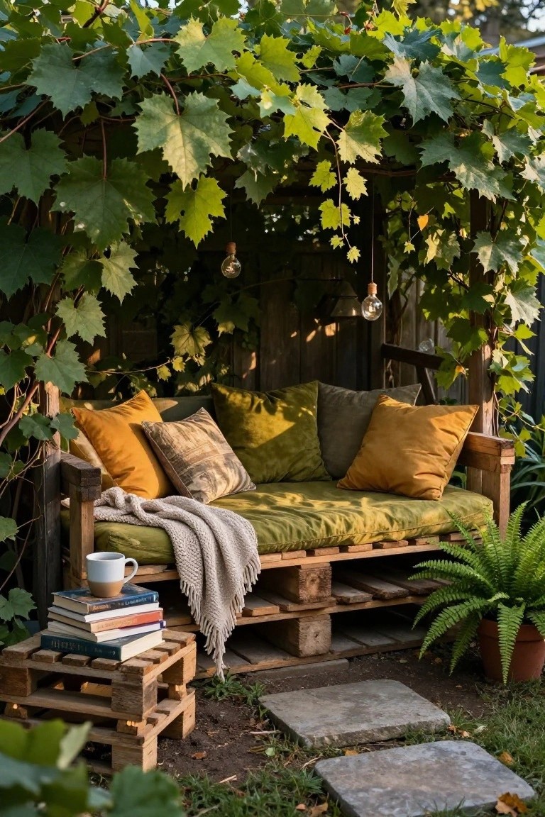 Wooden pallet bench with green cushions, orange and patterned pillows, and a cream throw in a vine-covered outdoor nook, with books, a coffee mug on a pallet side table, and a potted fern nearby.