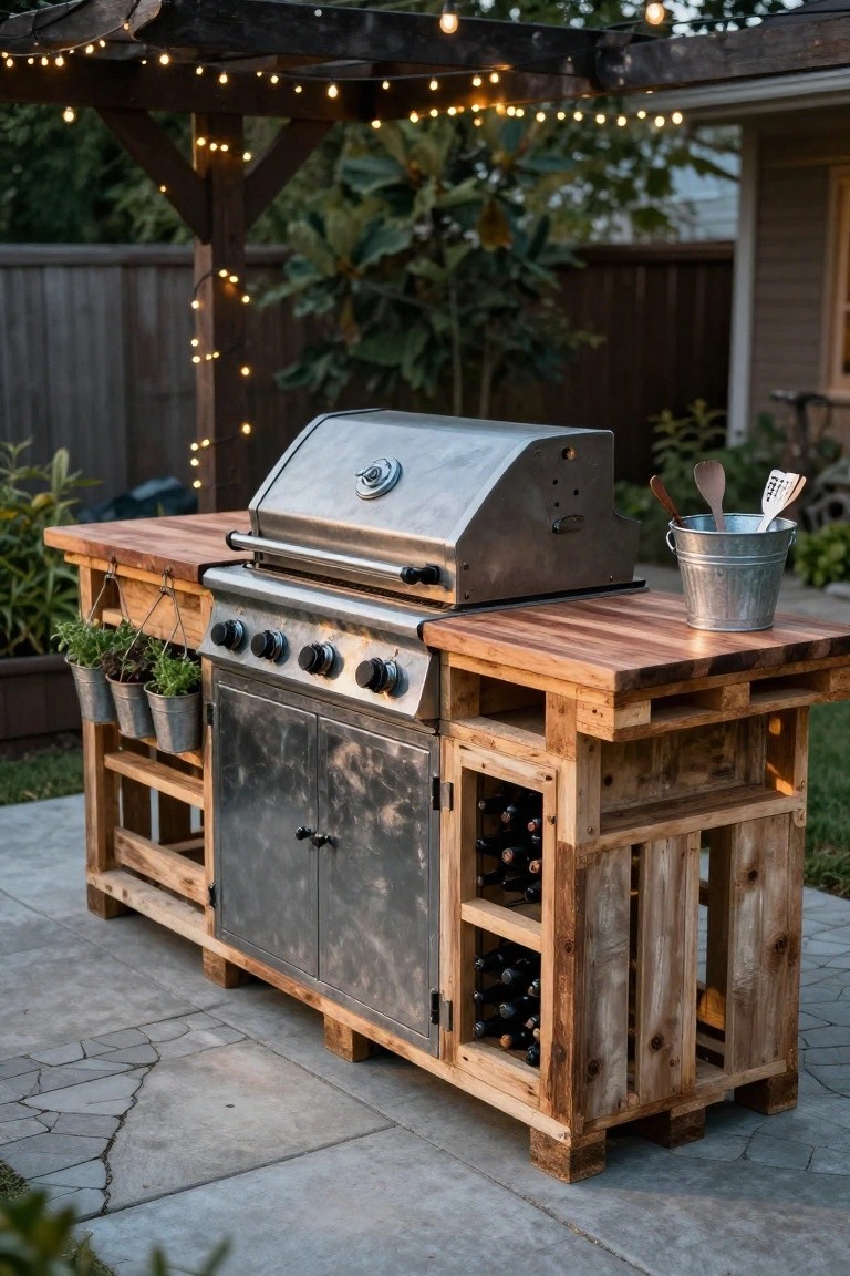 Wooden pallet island with integrated stainless steel gas grill, butcher block countertop, hanging utensils, herb planters, and wine bottle storage in a backyard patio under string lights and pergola.
