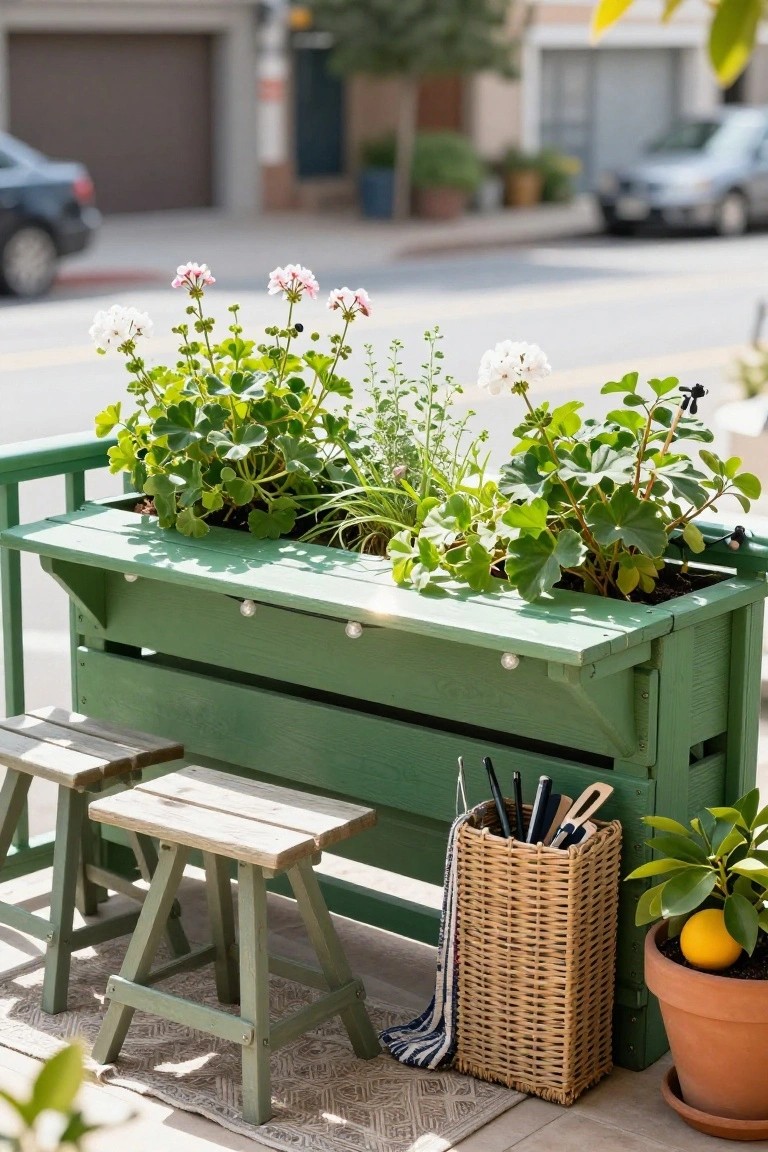 Green wooden pallet planter box mounted on an outdoor porch railing filled with geraniums, green leafy plants, and herbs, with two wooden stools, a wicker basket of utensils, and a potted citrus tree on the patio floor near a street.