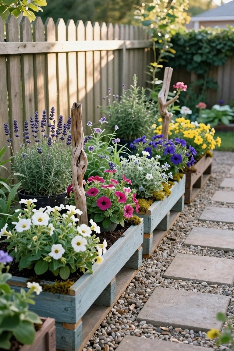 Wooden pallet planters arranged in a row along a gravel path beside a picket fence, filled with purple lavender, pink petunias, blue delphiniums, yellow marigolds, and white flowers, with driftwood stakes and moss accents.