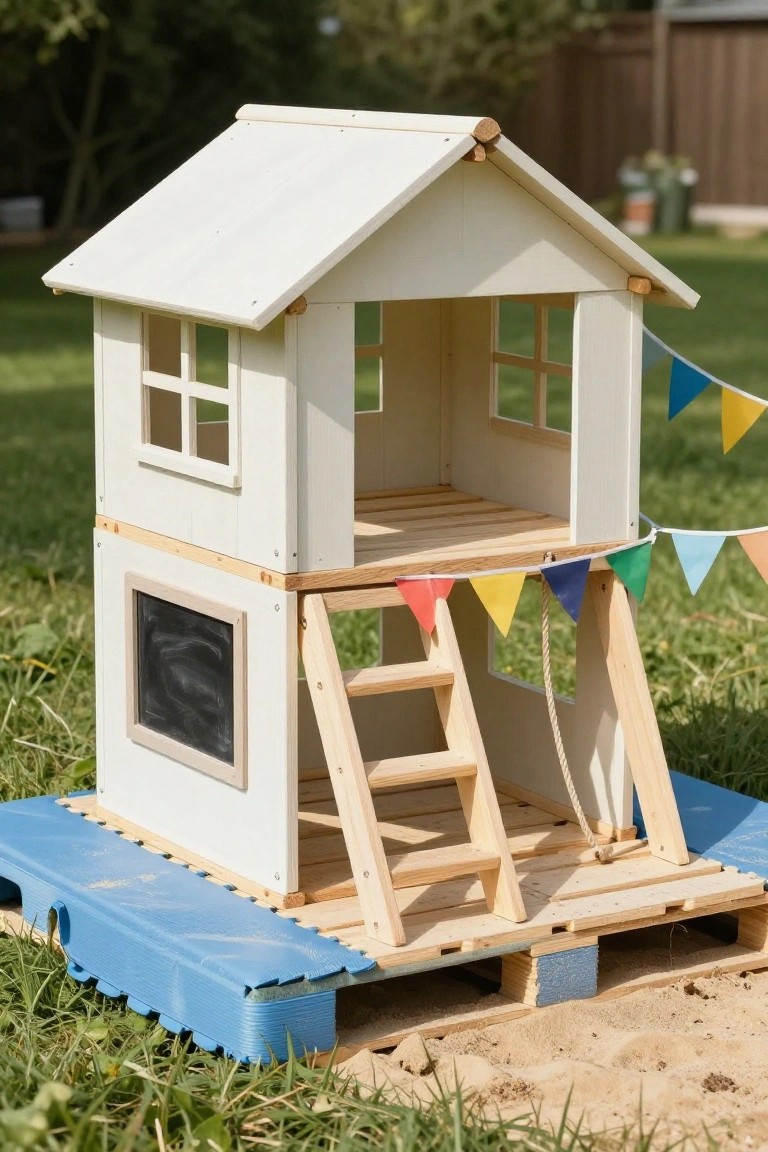 Small white wooden pallet playhouse elevated on a pallet platform with blue foam mats and sand pit, featuring ladder access, chalkboard panel, balcony railing, and colorful bunting flags in a grassy backyard.
