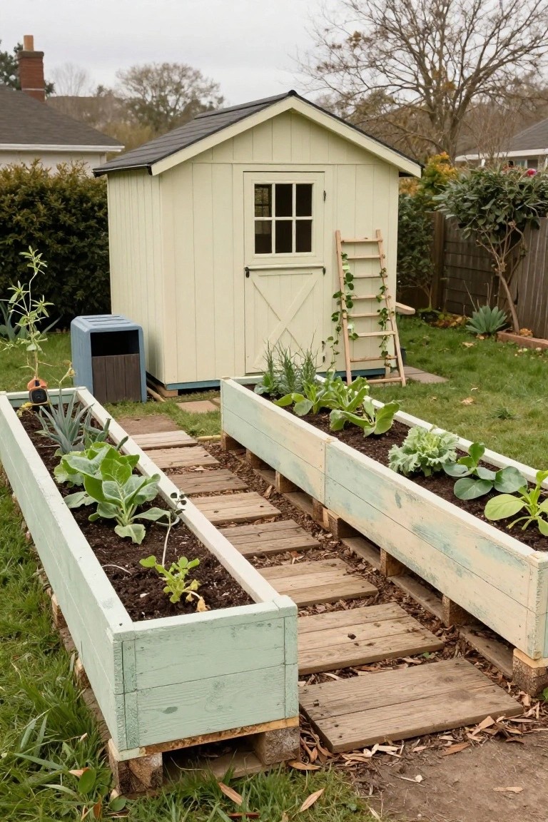 A small light green garden shed next to two parallel raised beds made from pallets filled with vegetables like kale and cabbage, with a wooden pallet path between them in a grassy backyard.