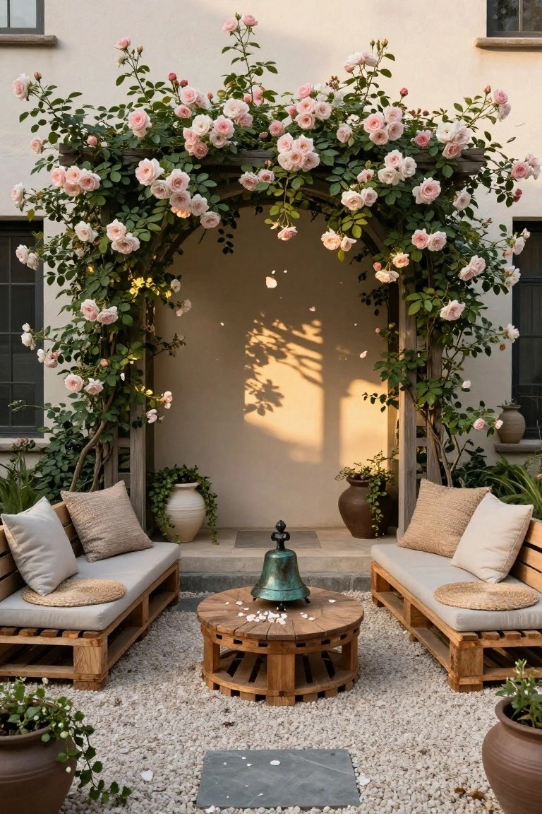 Outdoor seating area with two wooden pallet sofas in an L-shape around a low round wooden table on gravel ground, under a wooden arch covered in pink climbing roses against a beige stucco house wall with potted plants.