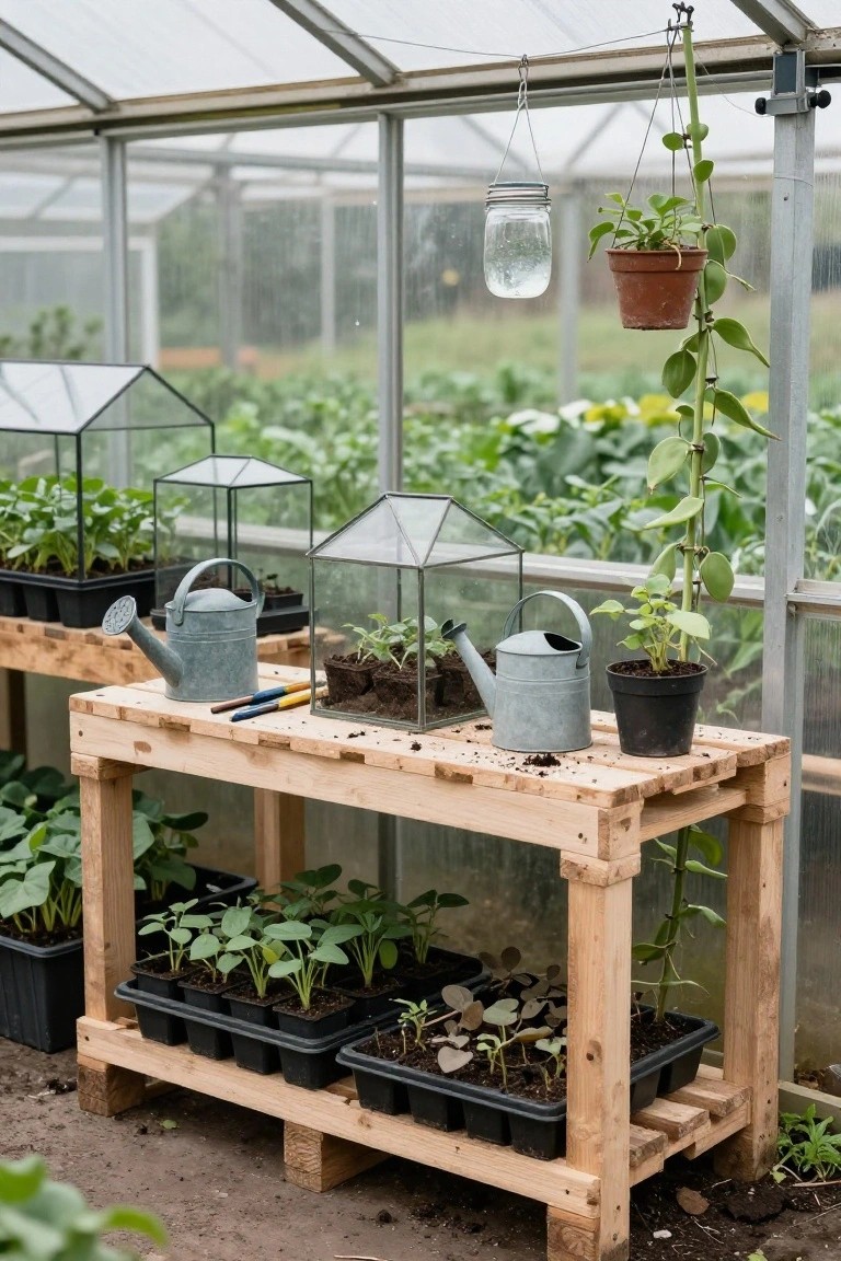 Wooden pallet workbench in a greenhouse holding black seedling trays, metal watering cans, glass terrariums, and small potted plants with greenery and hanging pots nearby