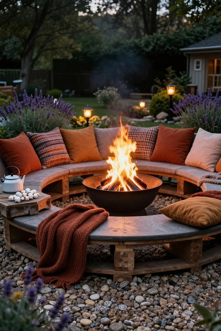 Circular bench built from pallets with stone top and cushions surrounds a black metal fire pit bowl containing flames in a backyard with gravel ground, lavender plants, lanterns, a teapot, and marshmallows nearby.