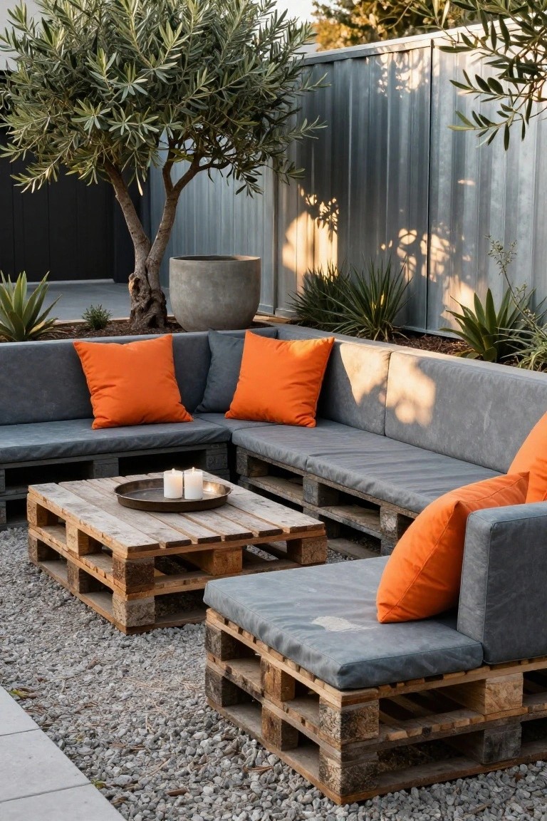 L-shaped outdoor sofa made from stacked wooden pallets with gray cushions and orange throw pillows on a gravel patio, featuring a pallet coffee table with candles, agave plants, and an olive tree nearby.