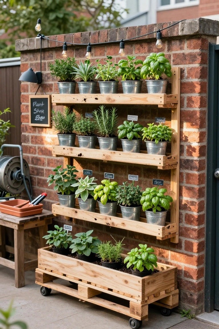 Backyard brick wall with three tiers of wooden pallet shelves holding galvanized metal buckets filled with herb plants including basil and rosemary, string lights overhead, a wheeled pallet planter box at the base, garden tools, and a watering can nearby.