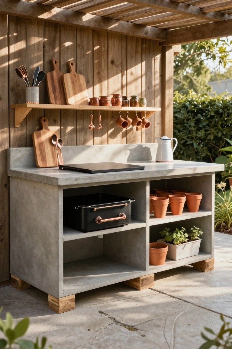 Gray concrete outdoor kitchen bench with countertop, built-in storage for black cookware, shelves holding terracotta pots and herbs, wooden cutting boards and utensils nearby, under a slatted wood pergola against wooden walls.