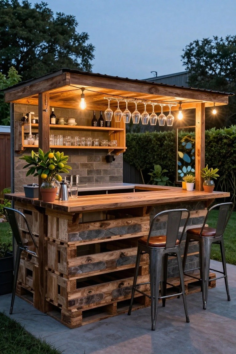 Outdoor bar built from wooden pallets with a sloped roof, open shelves holding bottles and glassware, hanging wine glasses, potted plants, metal stools, and a brick backsplash in a backyard on a concrete patio.