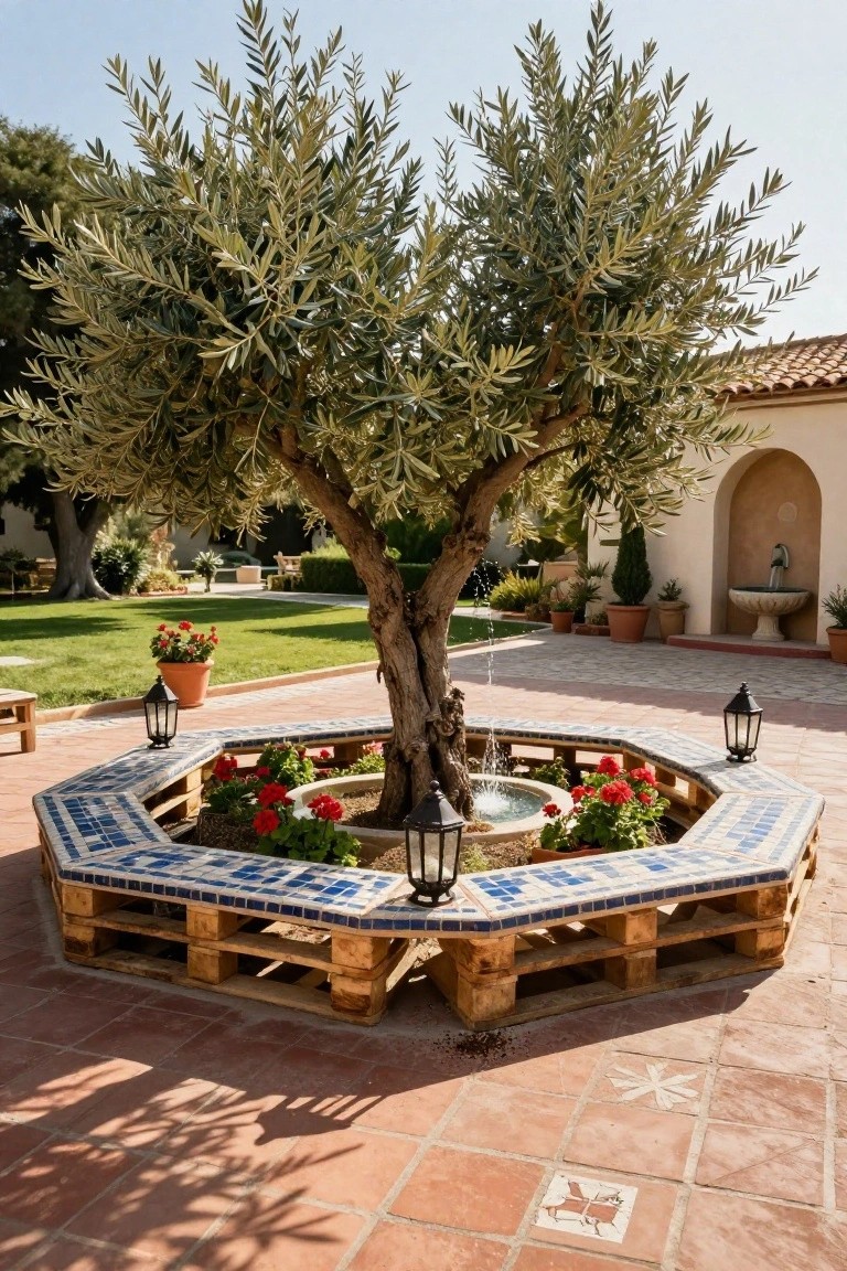 Octagonal bench constructed from wooden pallets with blue tiled edges encircling a central olive tree and fountain in a terracotta-paved courtyard, with potted red flowers, lanterns, and surrounding landscaping.