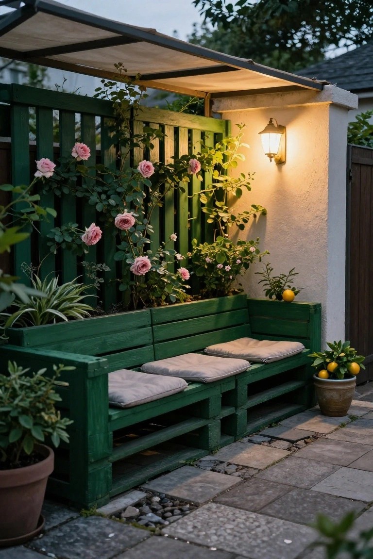 Green pallet bench with three cushioned seats on a stone patio, surrounded by potted plants, climbing pink roses on a green fence, lemon plants in a terracotta pot, wall lantern, and fabric canopy overhead.