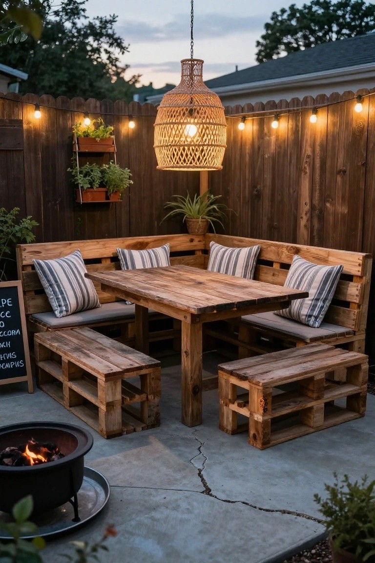 Wooden pallet corner bench seating with gray cushions and striped pillows around a rectangular table on a concrete patio, fire pit nearby, string lights, hanging lantern, plants, and wooden fence backdrop at dusk.