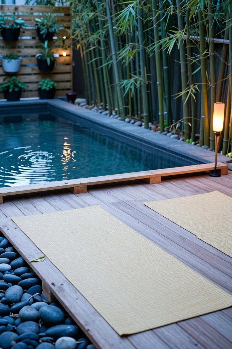Small rectangular pool with dark blue water and ripples, surrounded by rough wooden deck planks, two beige tatami mats, black pebbles, bamboo fencing, potted plants, and a stone lantern.