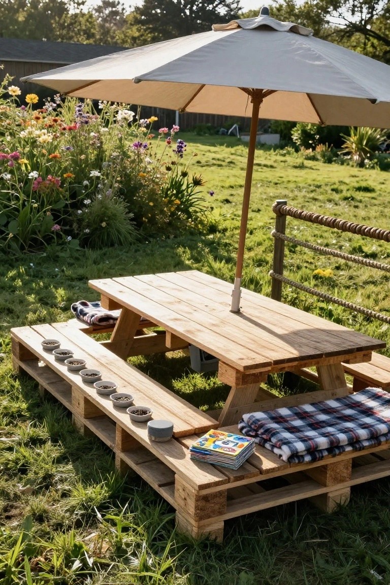 Wooden picnic table and benches constructed from pallets placed on grass in a garden, shaded by a beige umbrella, with small ceramic bowls on the benches, a checkered blanket, and colorful wildflowers nearby.