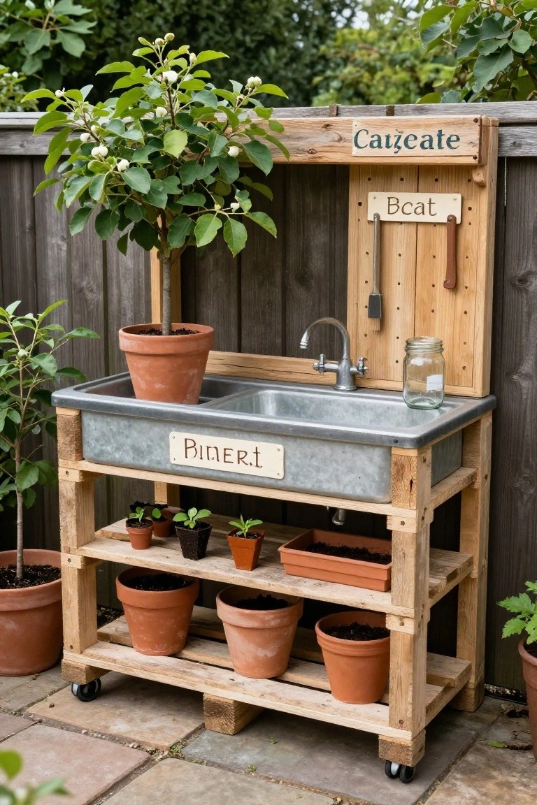 Wooden pallet-built outdoor potting station featuring a double galvanized metal sink, shelves with terracotta pots and seedlings, tool pegboard, mason jar, and potted plants against a backyard fence on a paved patio.