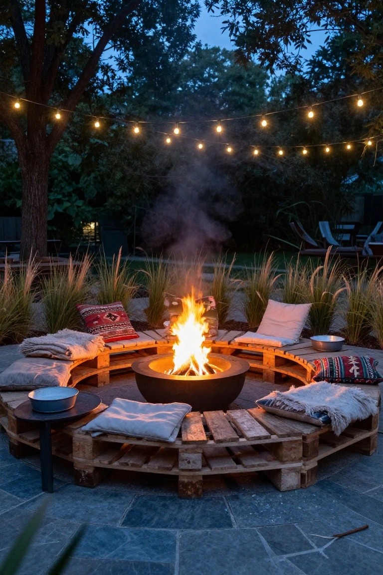 Circular outdoor seating bench constructed from stacked wooden pallets surrounding a central metal fire pit with flames, topped with cushions and blankets, string lights overhead, tall grasses and trees in the background at dusk.