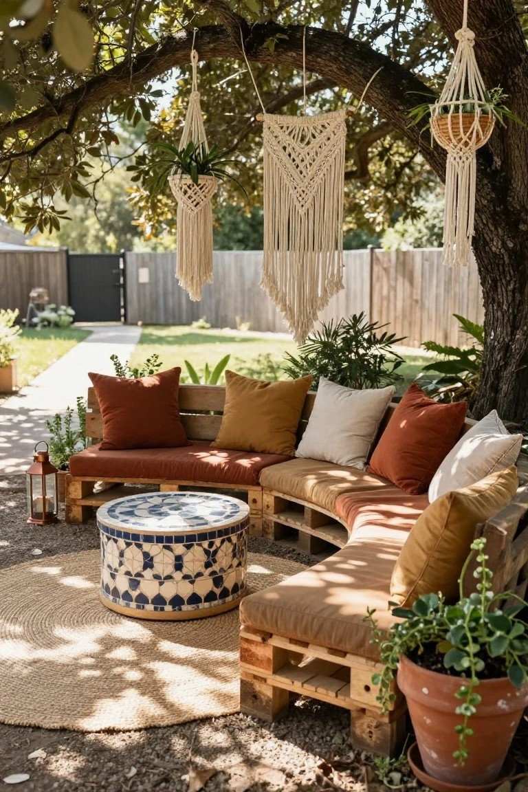 Curved outdoor sofa built from stacked wooden pallets with assorted cushions in earth tones, a blue-and-white tiled round table, macrame hangings, potted plants, and lanterns under a large tree in a gravel backyard patio.