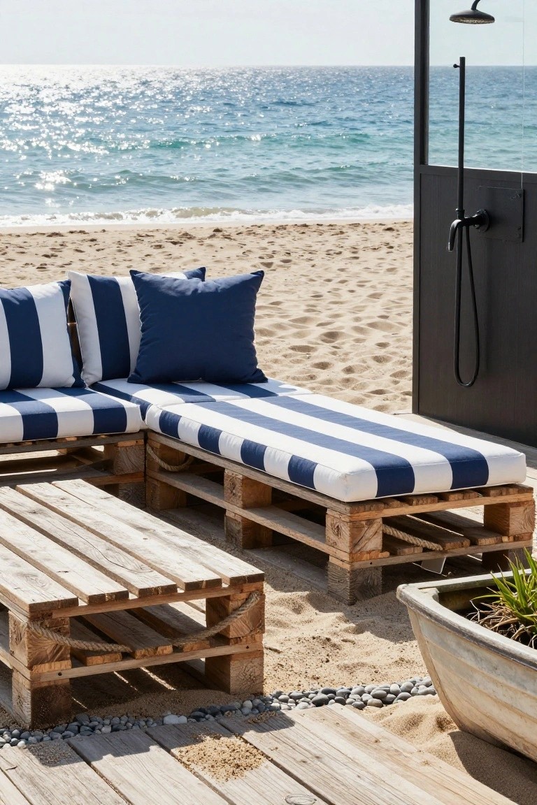 Wooden pallet lounge chairs with blue and white striped cushions and pillows arranged on sand near a black outdoor shower enclosure, with a pallet table, potted plant, and ocean in the background.