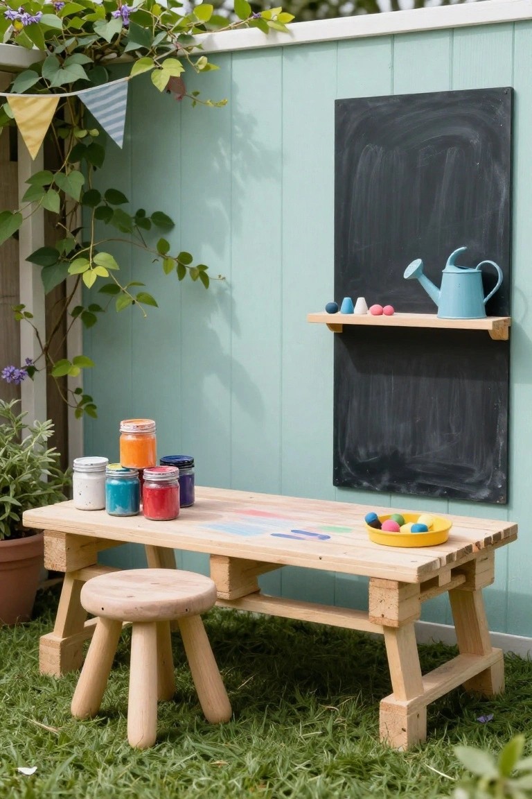 Wooden pallet table and stool in a grassy backyard next to a turquoise fence with a black chalkboard, blue watering can on a shelf, paint jars on the table, yellow bowl of balls, potted plants, vines, and bunting flags overhead.
