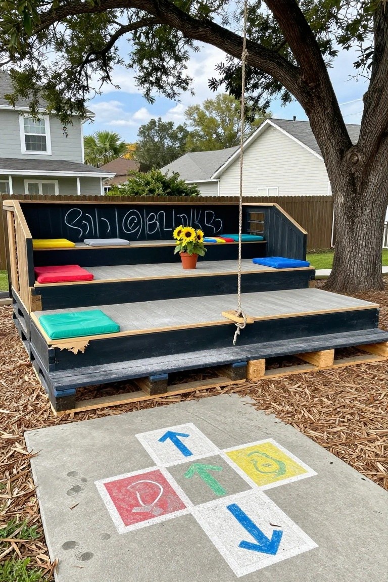 Wooden pallet structure forming tiered steps with colorful cushions, black chalkboard wall with graffiti, potted sunflower at center, rope swing from tree branch, mulch ground cover, and hopscotch court on concrete slab in backyard.