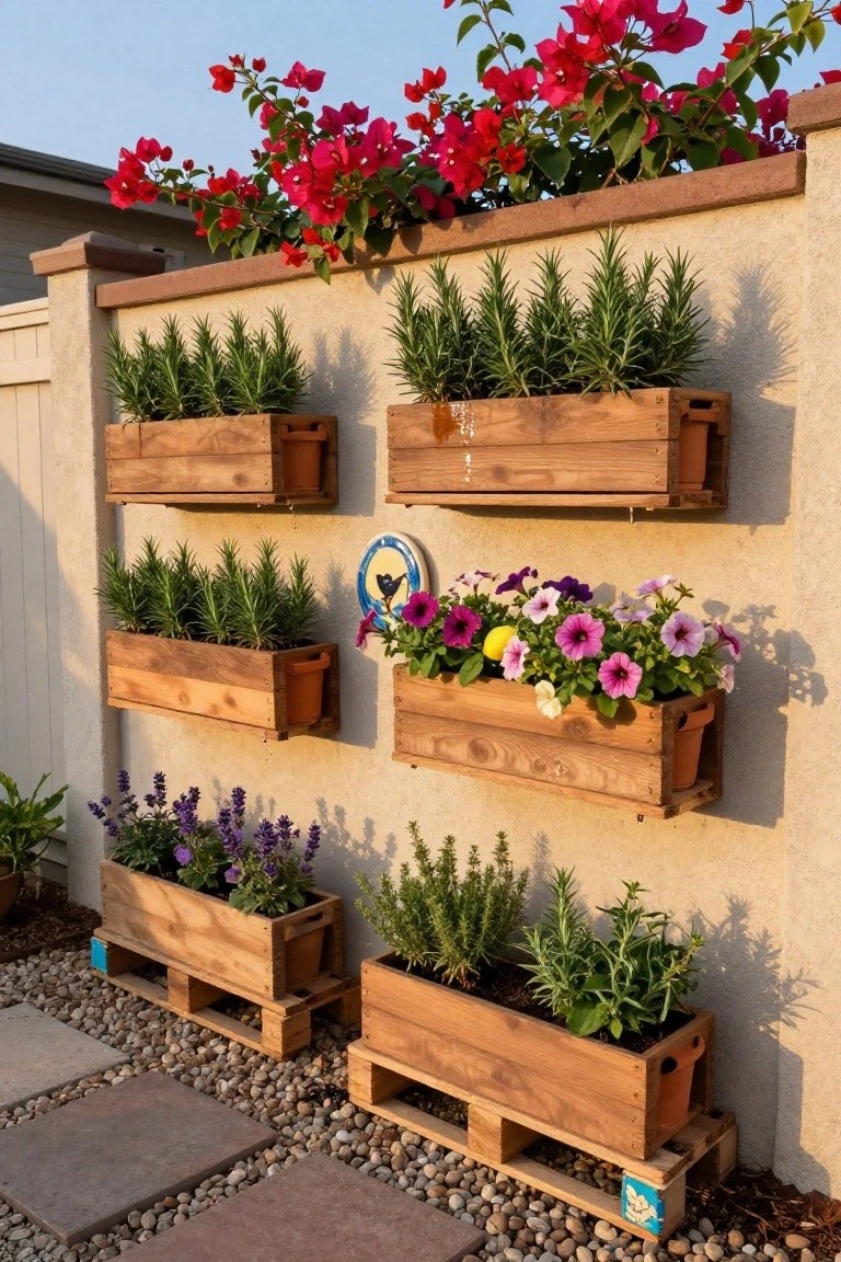 Several wooden pallet planters mounted at varying heights on a beige stucco wall, filled with rosemary, lavender, petunias, and other plants, adjacent to a gravel area with stone pavers.