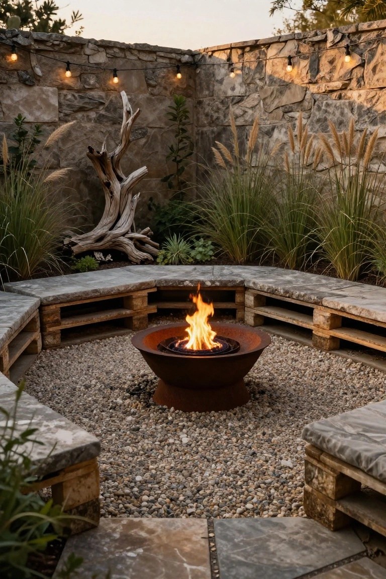 Circular outdoor seating made from stacked wooden pallets topped with gray stone slabs surrounding a round metal fire pit on gravel ground, backed by stone walls with plants and string lights.